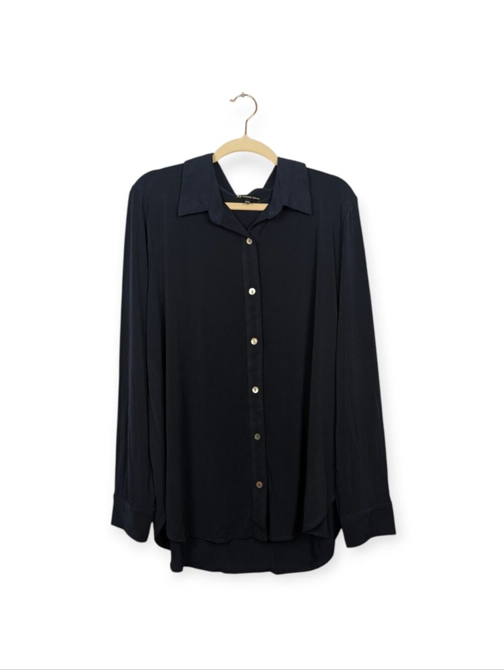 Franne Golde Blouse 3X Navy Button Front Collared High Low Long Sleeve Career